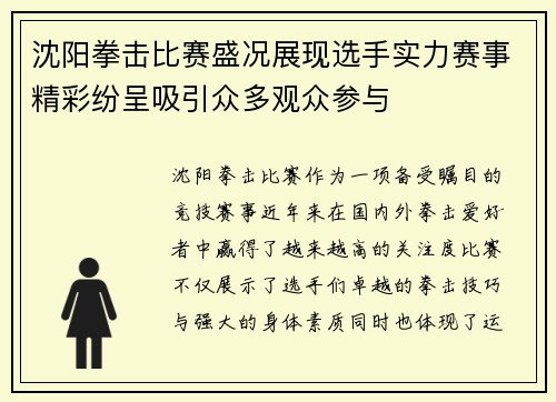 沈阳拳击比赛盛况展现选手实力赛事精彩纷呈吸引众多观众参与